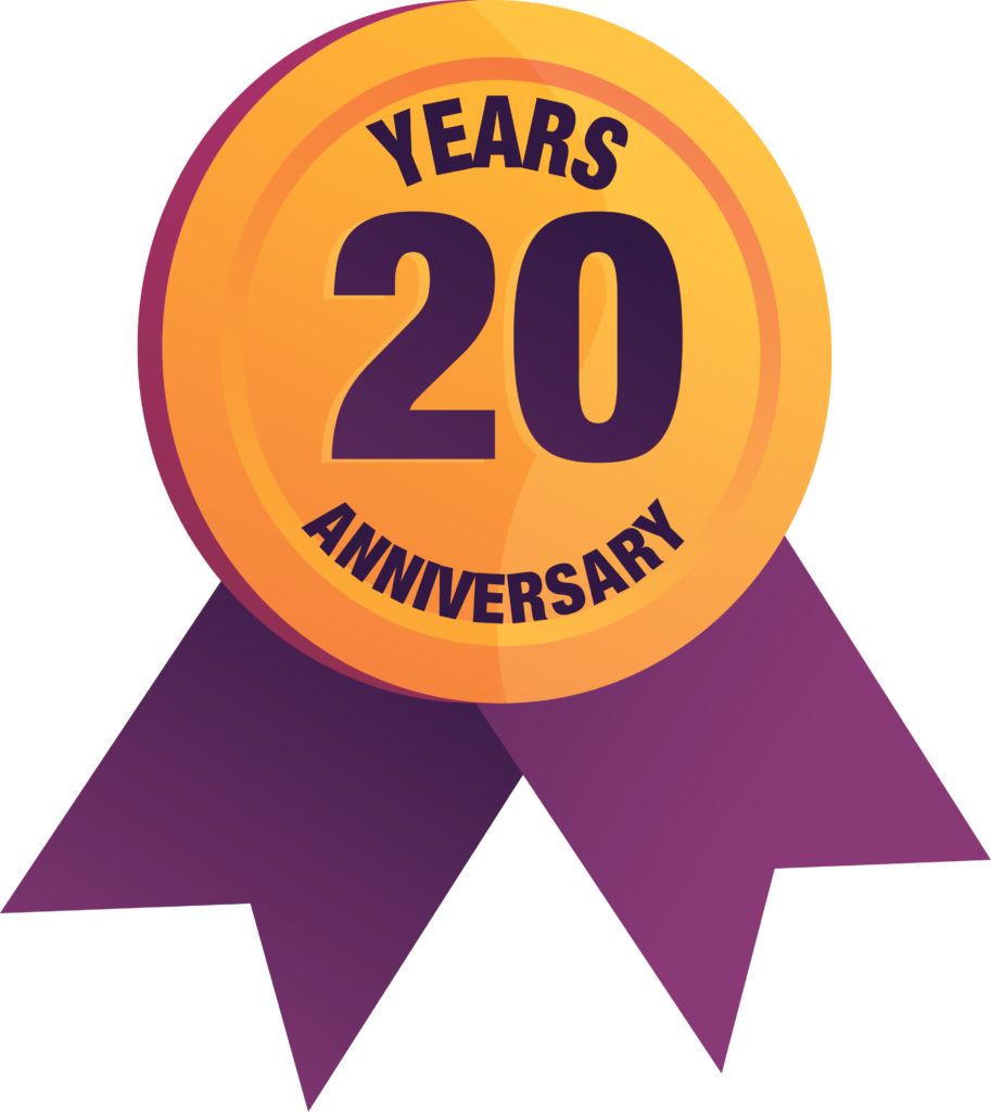 Nobel Relocation 20 Years Anniversary Badge with Purple Ribbon