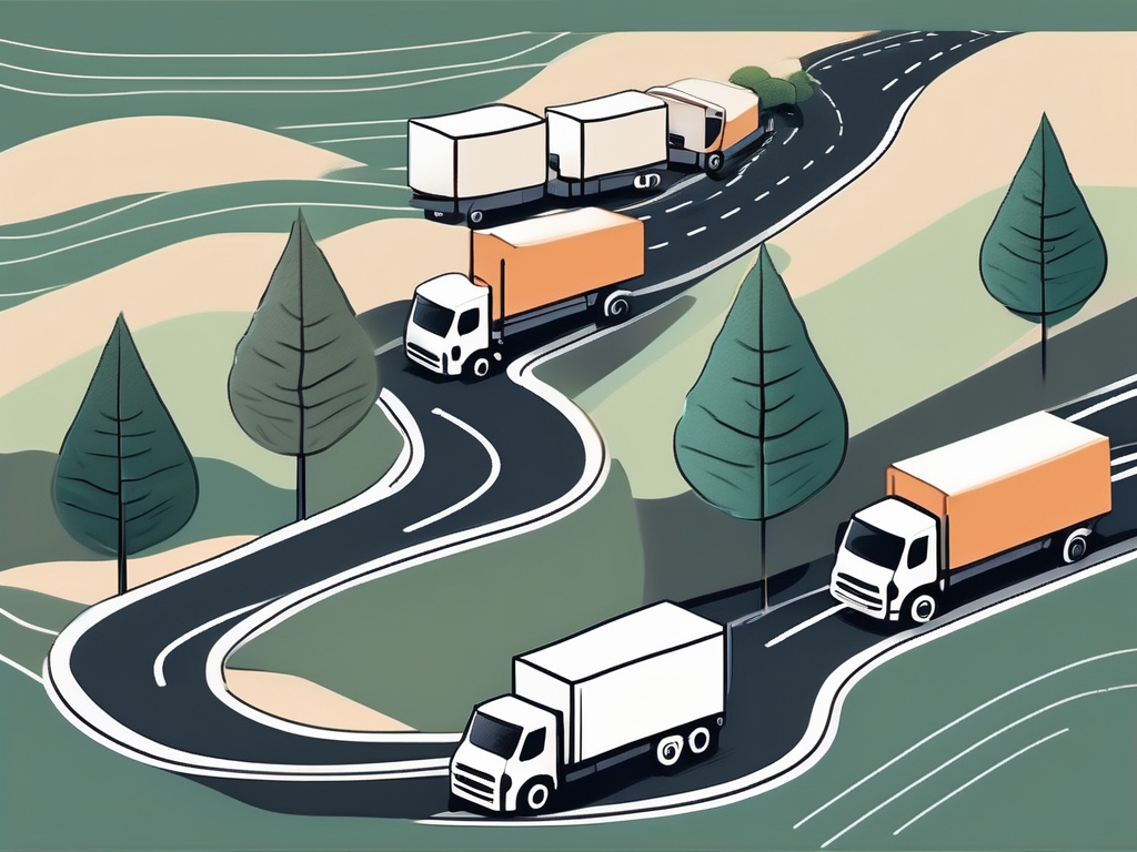 A winding road with various moving trucks and boxes along the way