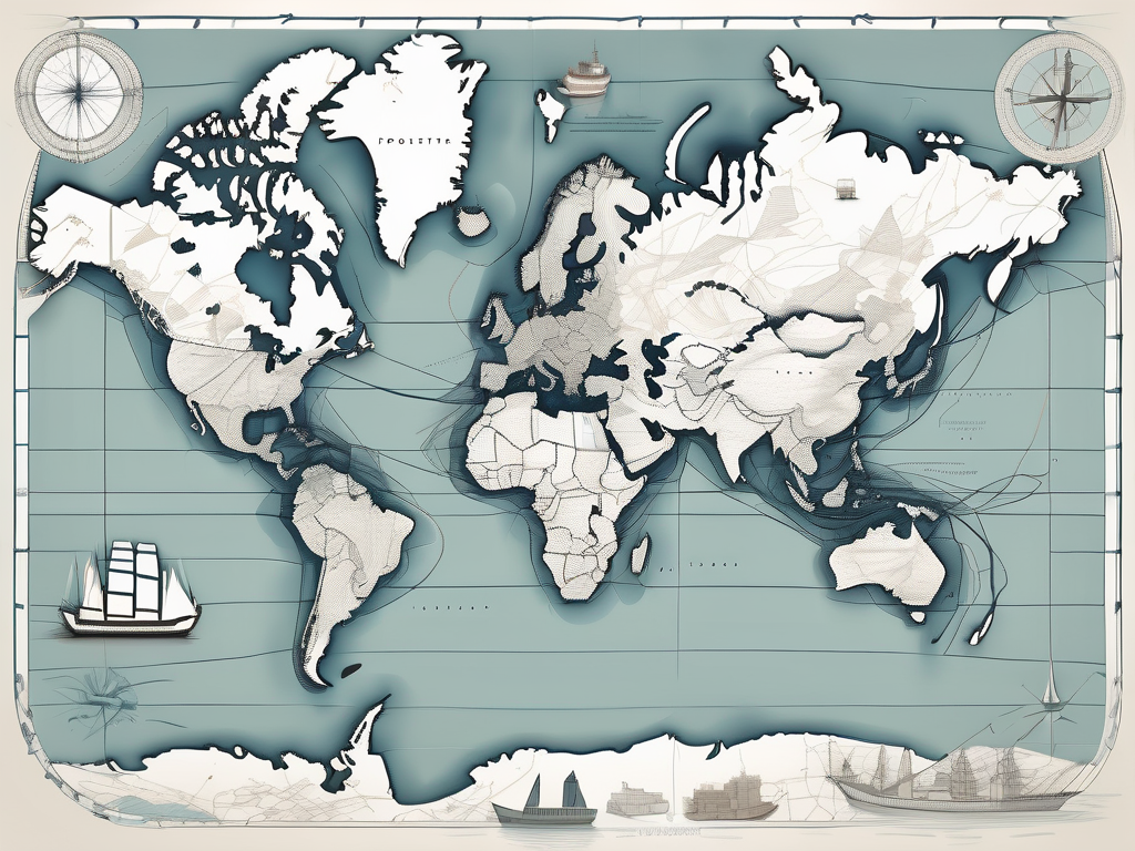 An intricate map showcasing various international shipping routes