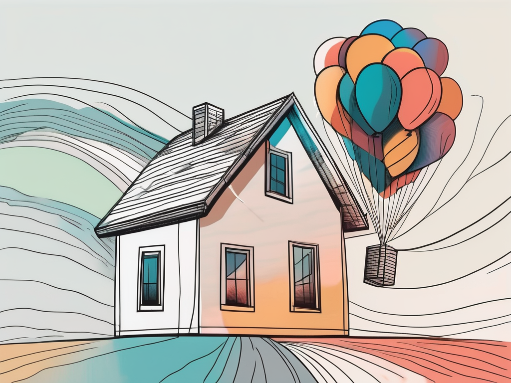 An abstract representation of a house being lifted by a balloon