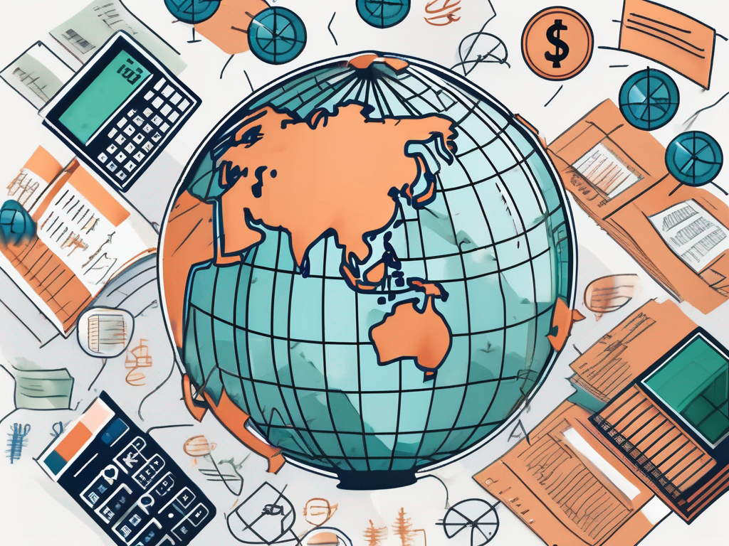 A globe surrounded by various tax-related symbols