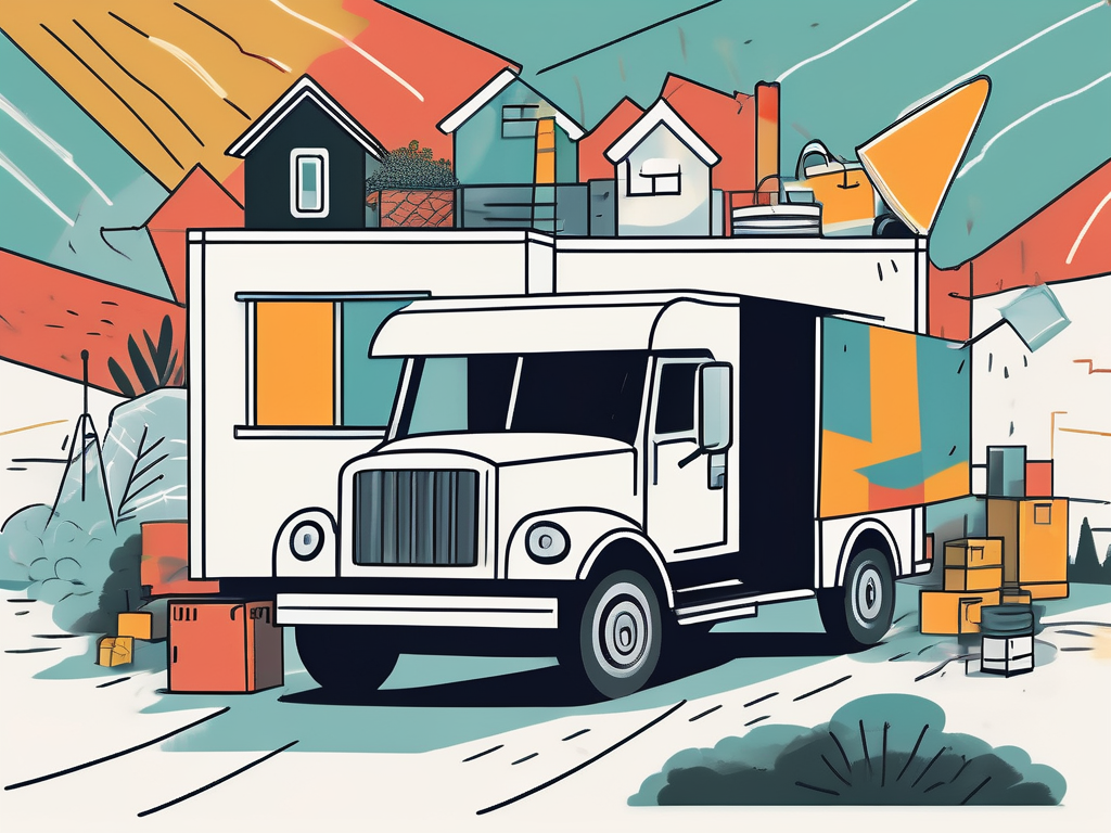 An abstract representation of a moving truck surrounded by various household items