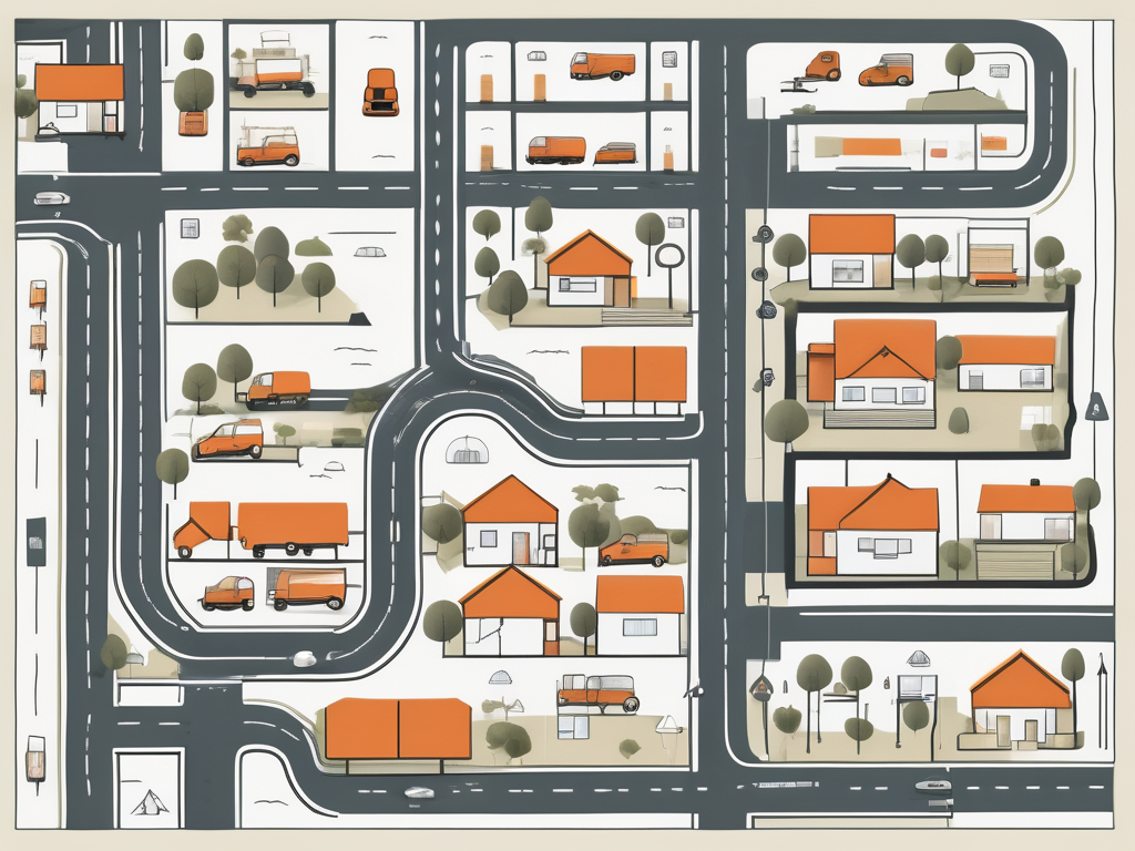 An intricately detailed map featuring various stages of a relocation process