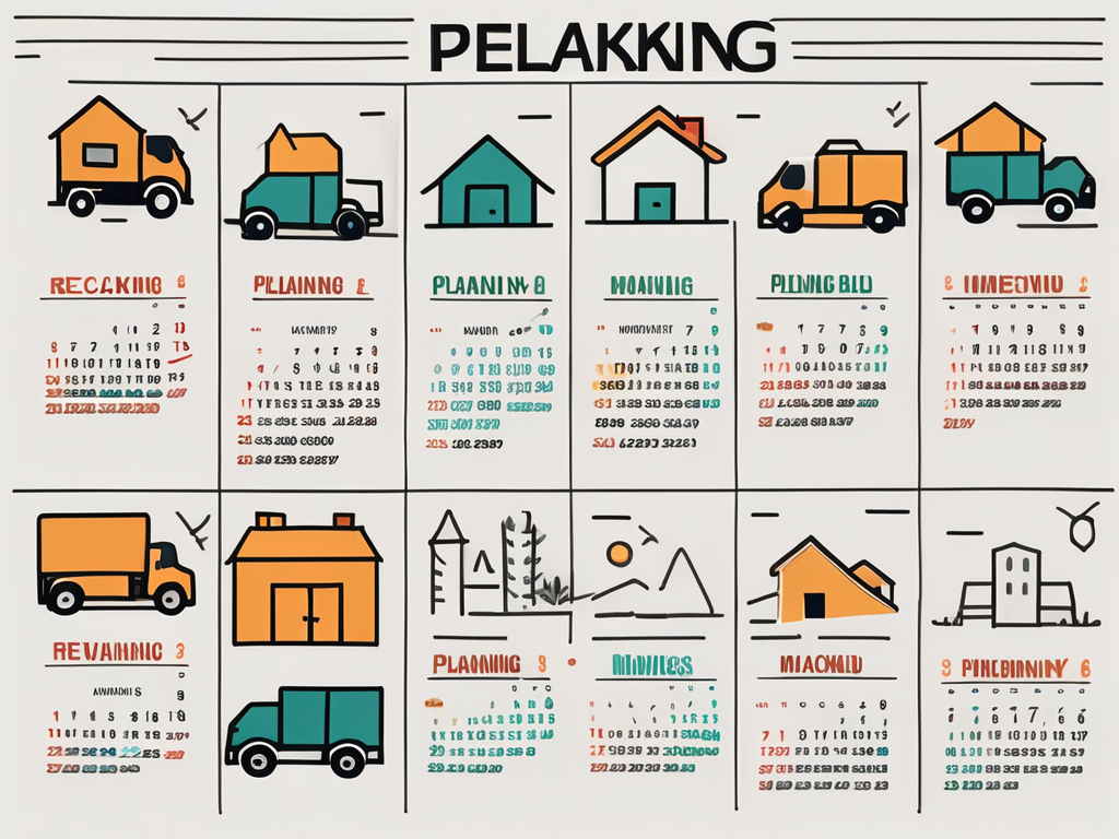 A detailed calendar with each month represented by distinct icons or symbols related to relocation tasks