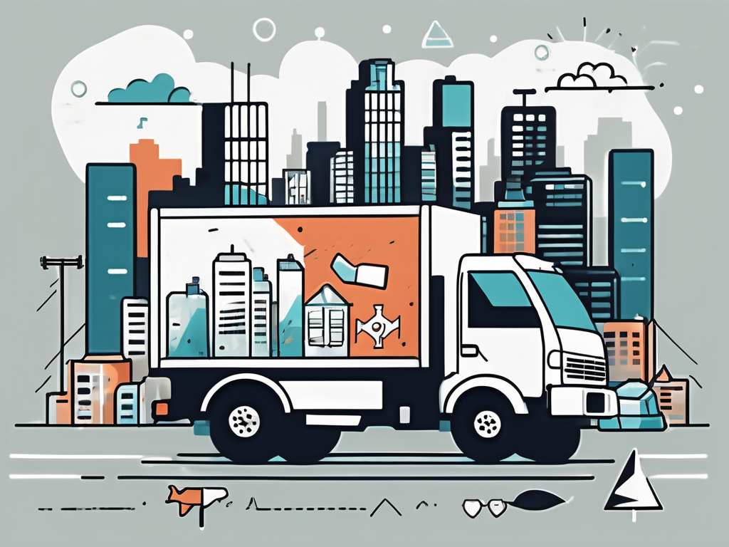 An abstract representation of a moving truck surrounded by various safety symbols