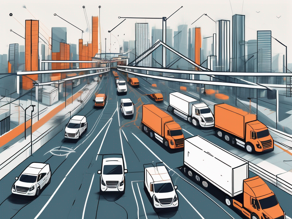 A dynamic cityscape featuring moving trucks