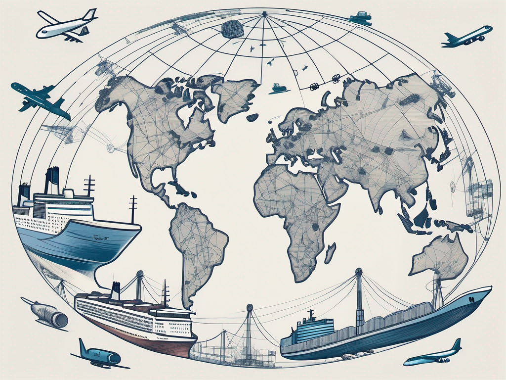 An interconnected globe surrounded by various transportation modes like ships