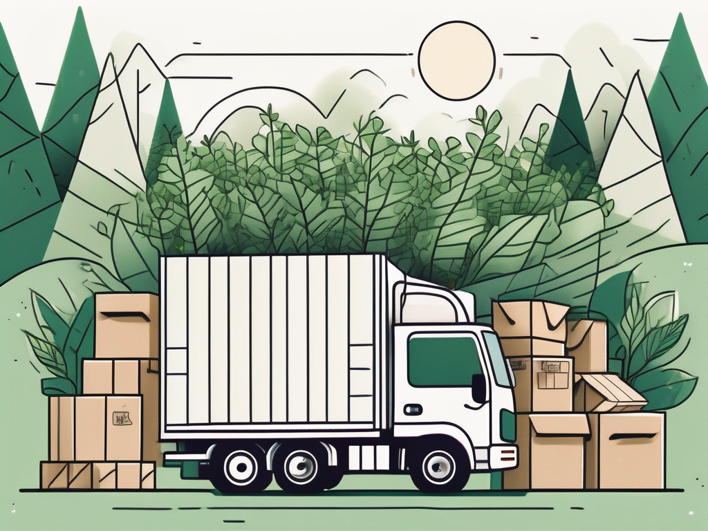 Draw an illustration of a moving truck surrounded by lush greenery and eco-friendly packing materials