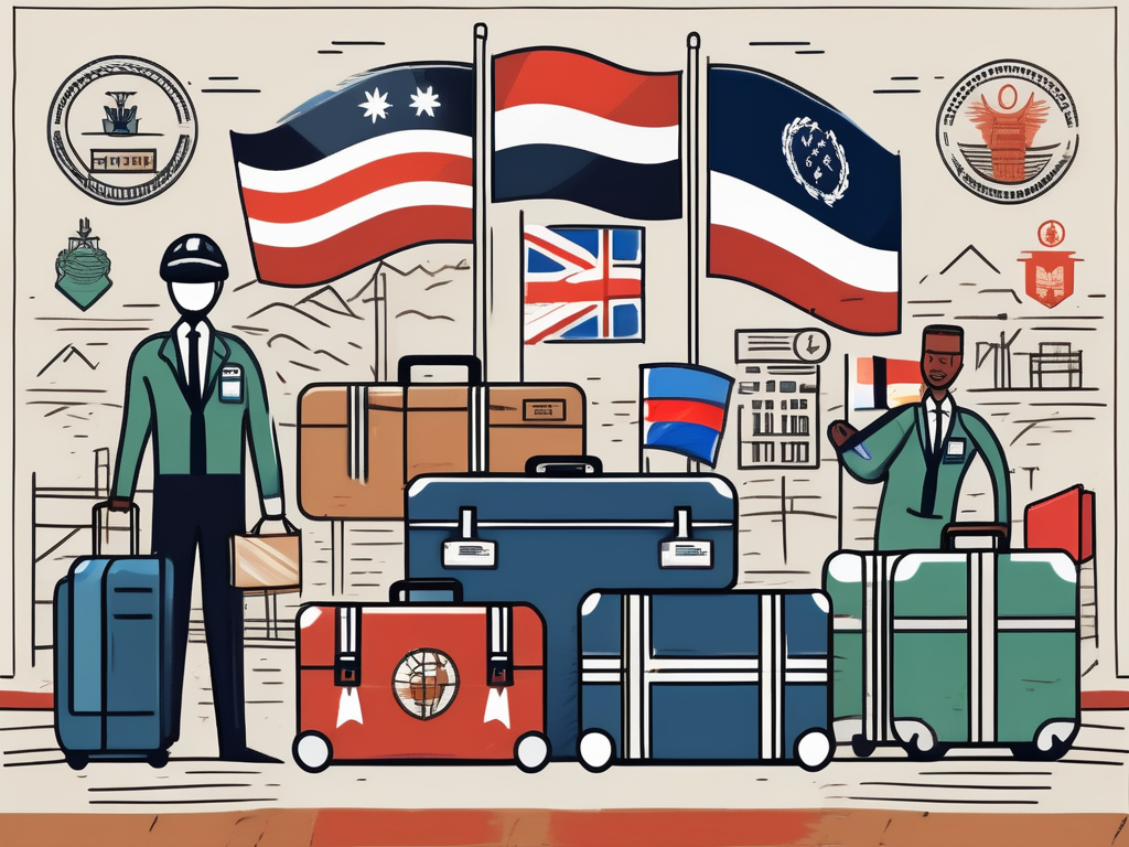 An intricate customs checkpoint scene featuring various international items such as suitcases