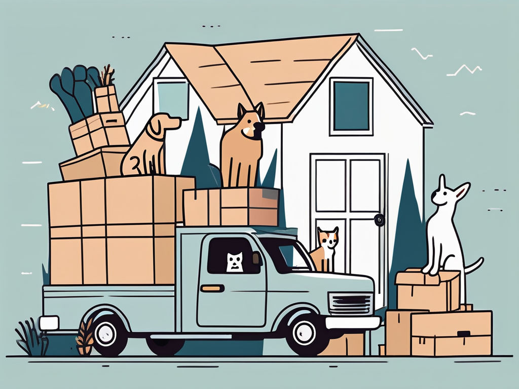 A cozy moving truck surrounded by various pets—such as a dog