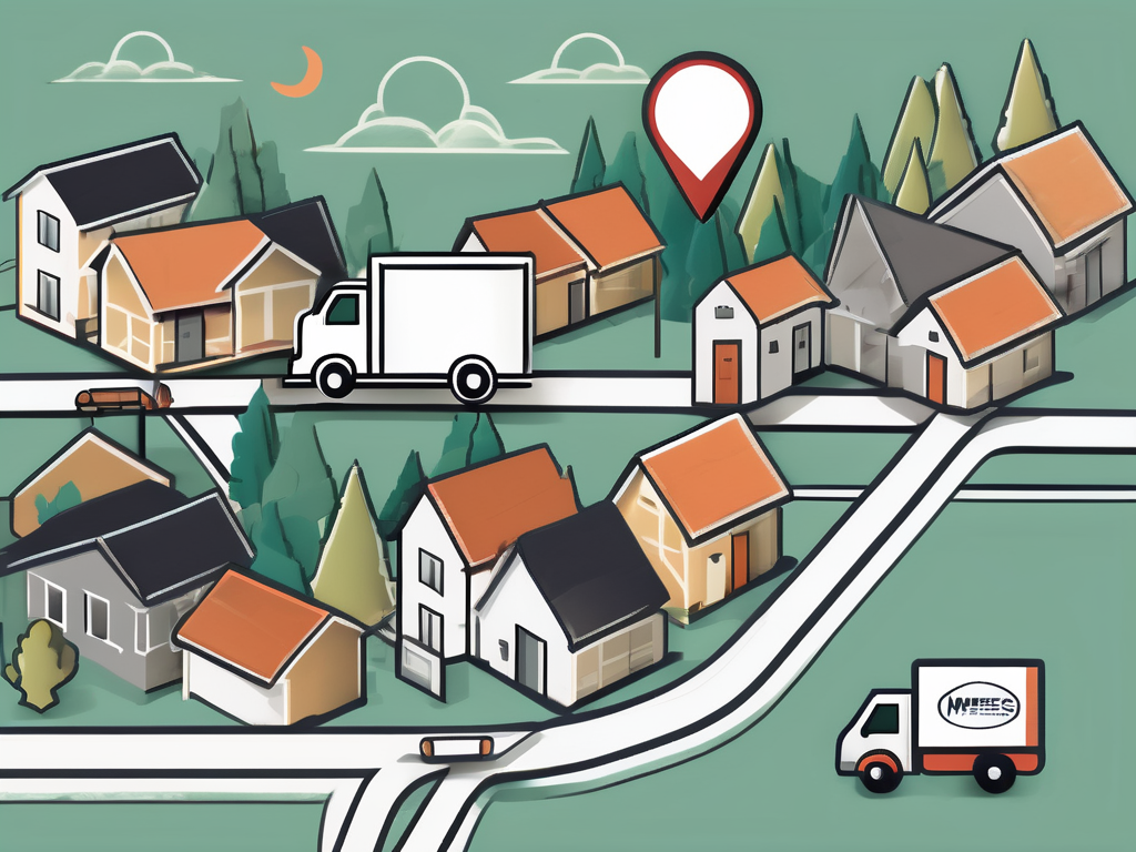 A detailed map highlighting various neighborhoods with icons representing moving trucks