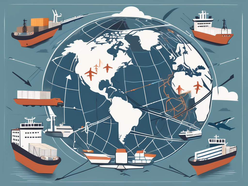 An abstract globe surrounded by various transportation elements like cargo ships