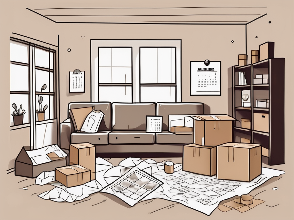 A cluttered living room with moving boxes stacked neatly in one corner