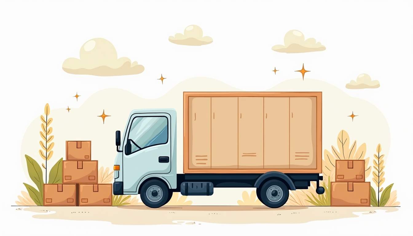 A serene moving truck surrounded by neatly packed boxes and a calm landscape