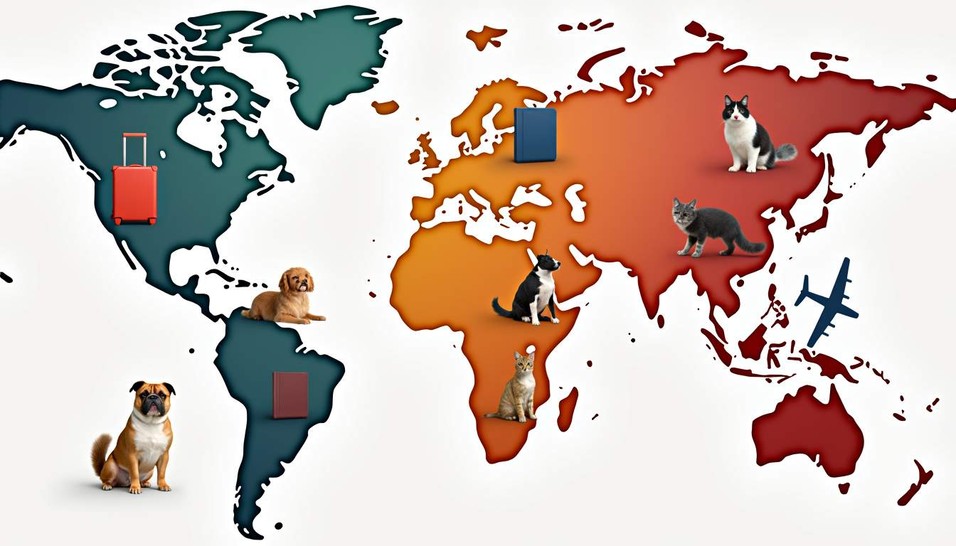 A colorful world map featuring various pets like dogs