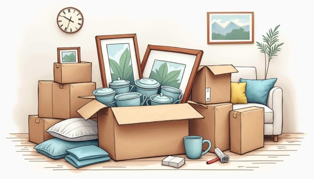 A well-organized moving box filled with various fragile items like glassware