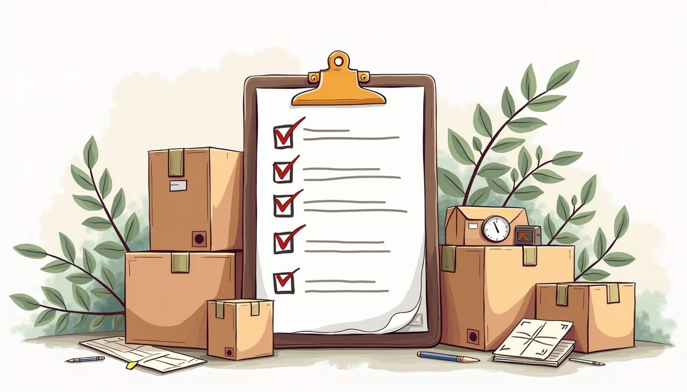 An organized checklist on a clipboard surrounded by moving boxes