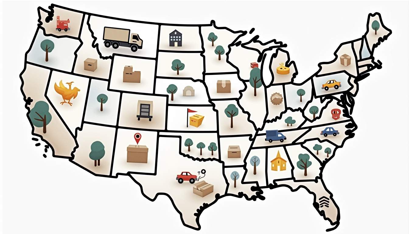 A detailed map of the united states with various icons representing moving essentials