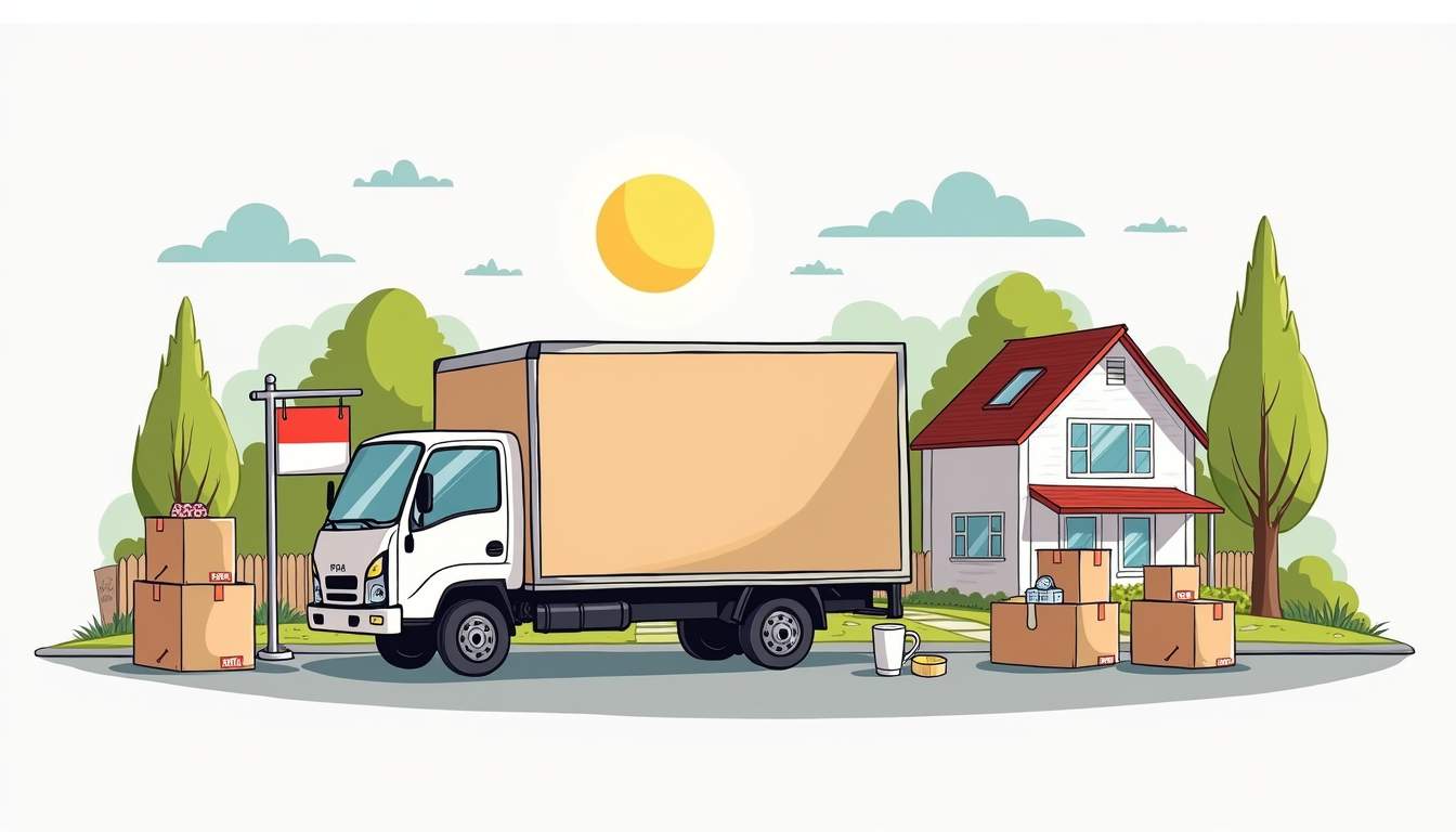 Draw an illustration of a packed moving truck surrounded by various moving supplies like boxes