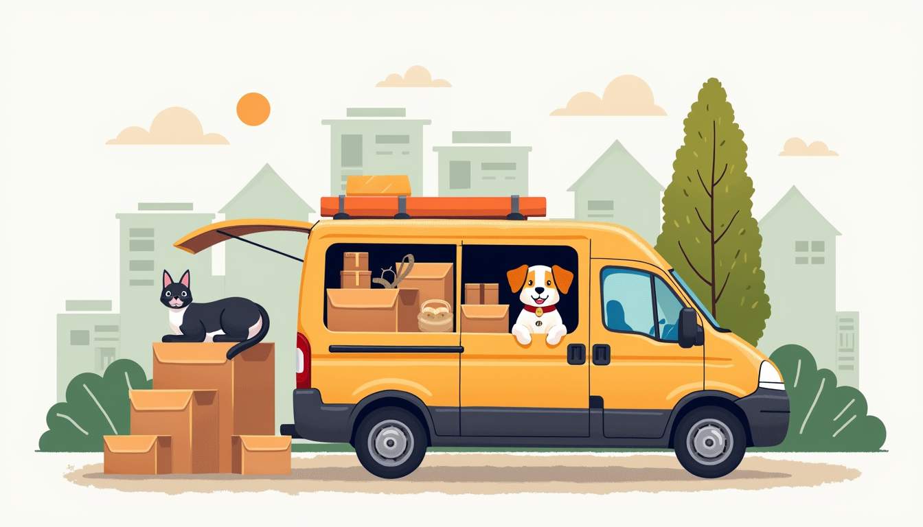 A cozy moving van filled with pet supplies