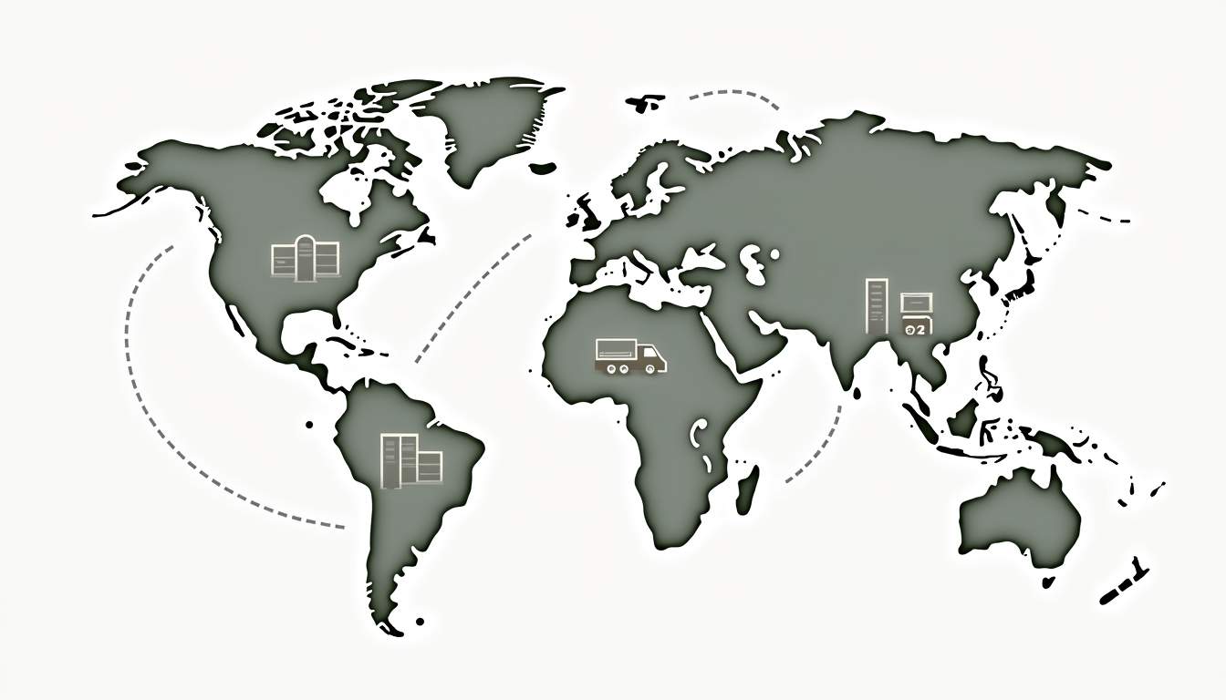 A stylized map featuring various cities interconnected by dotted lines