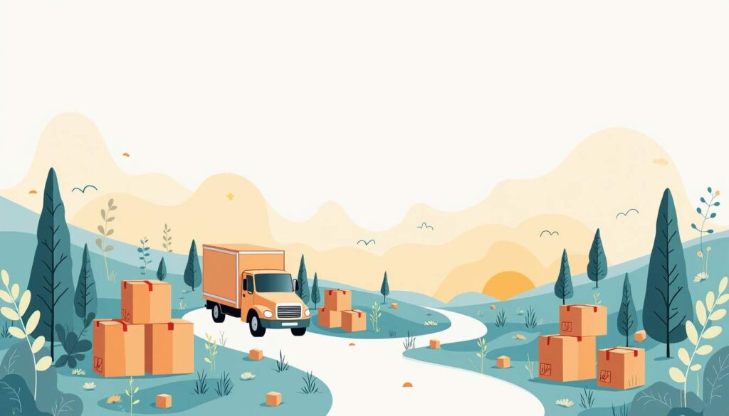 A serene landscape featuring a moving truck surrounded by boxes