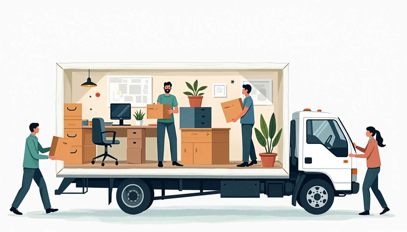 An organized corporate office environment being efficiently packed and loaded onto a moving truck