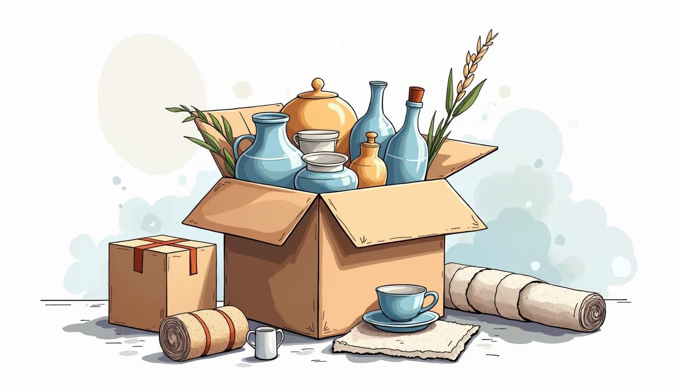 A sturdy moving box filled with various fragile and valuable items such as glassware