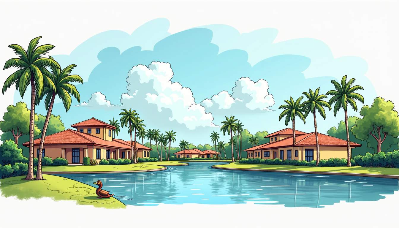 Draw an illustration of a vibrant pembroke pines landscape featuring lush palm trees