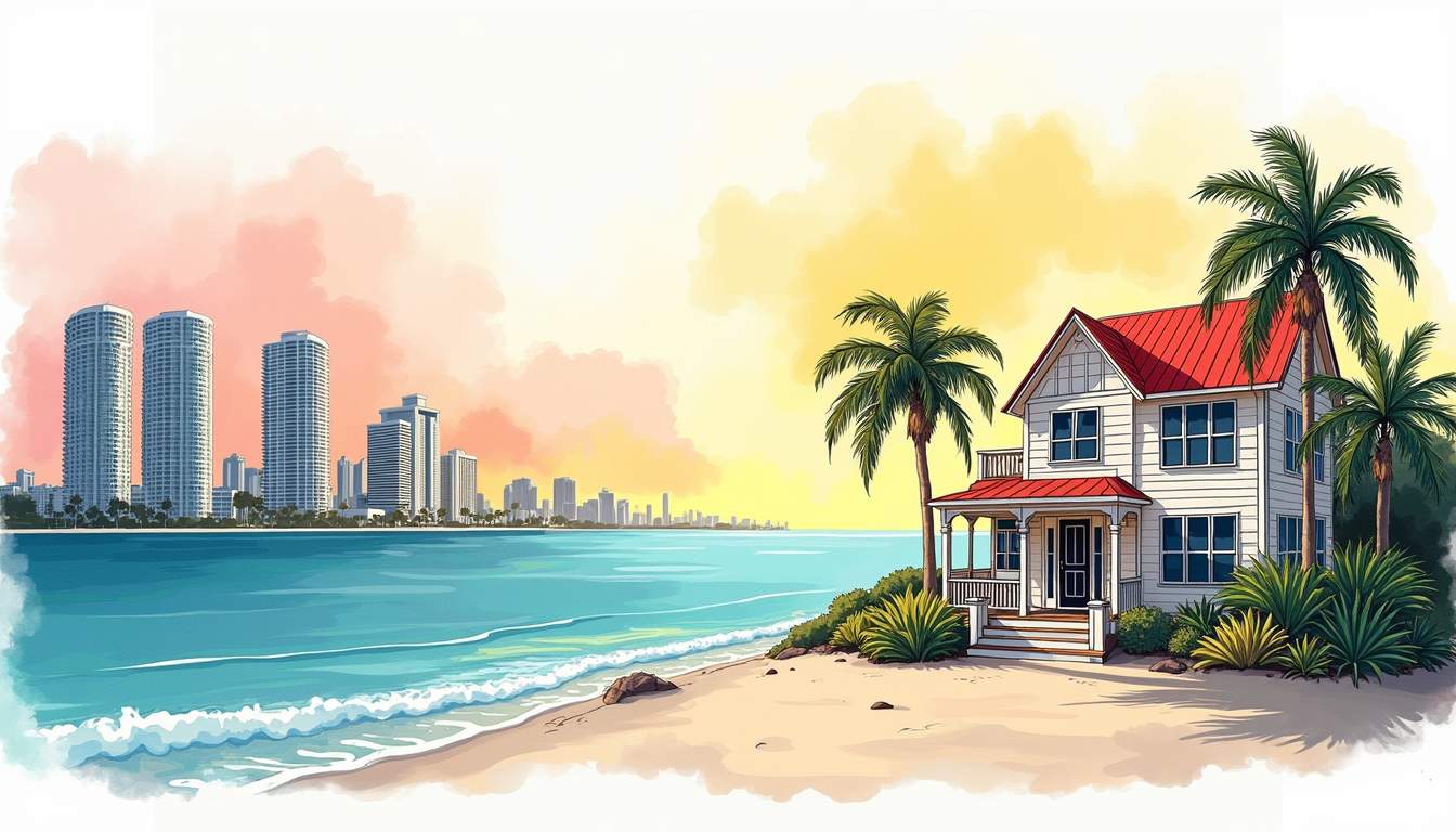 A split scene depicting a vibrant miami skyline on one side with a cozy apartment building symbolizing renting