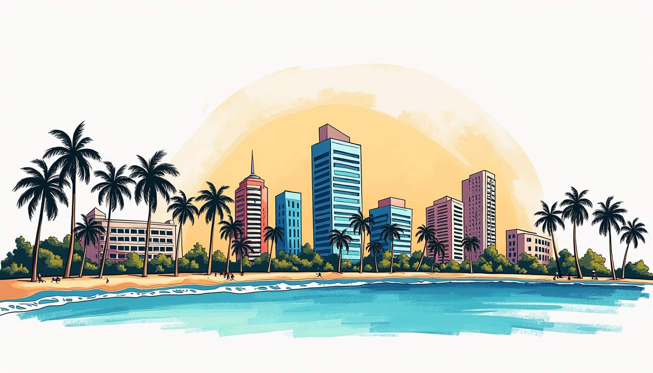 A vibrant miami skyline featuring iconic palm trees